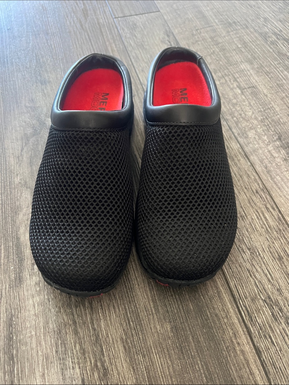 Merrell Black Mesh Slip-On Clogs with Red Insole- new without box